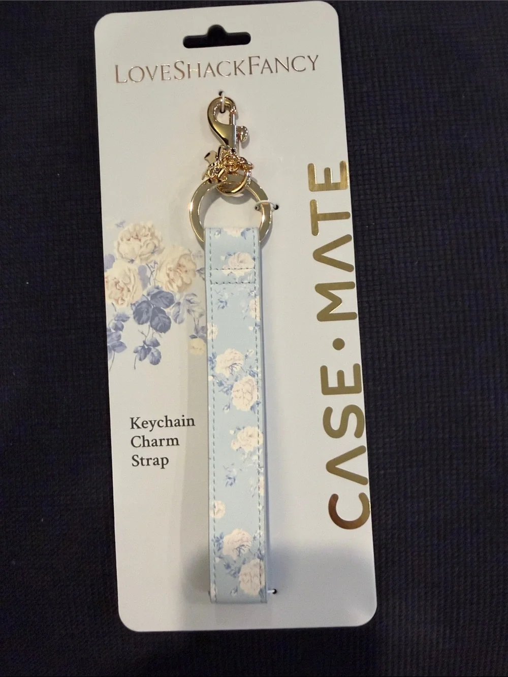 LoveShackFancy Pale Blue Floral Keychain Strap with Gold Hardware